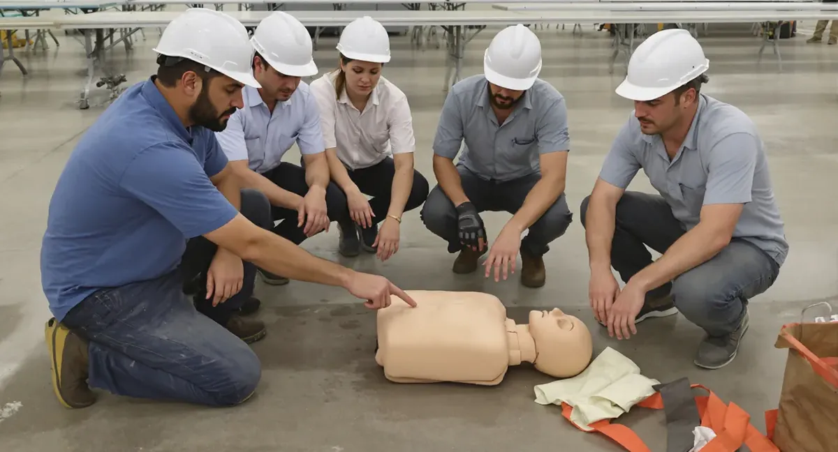 Session de formation sauveteur secouriste du travail en chantier : exercice de massage cardiaque sur mannequin