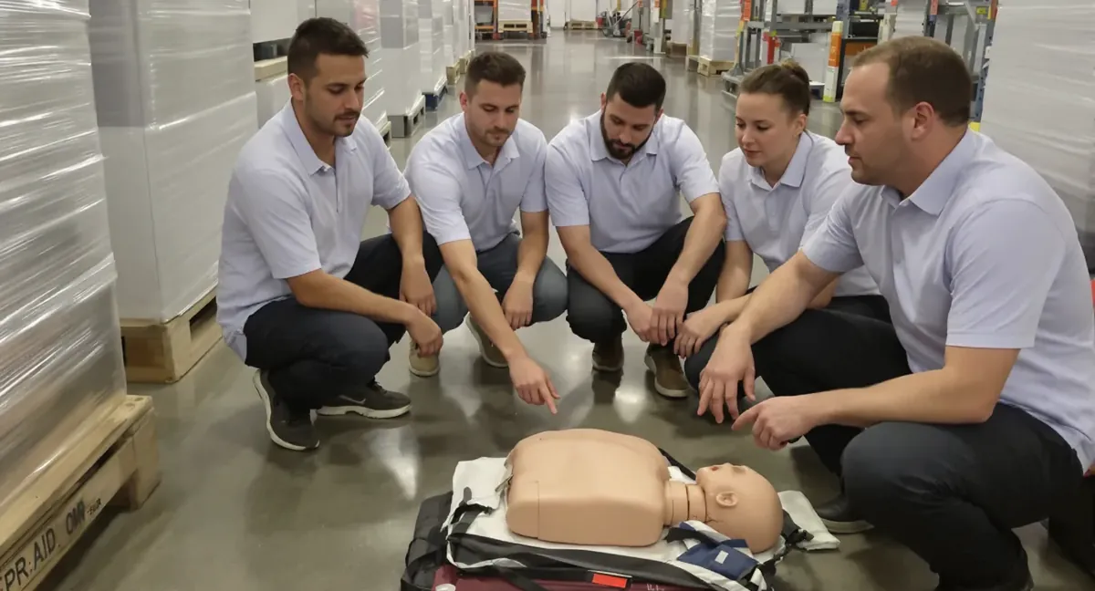 Session de formation sauveteur secouriste du travail en reserve de magasin : exercice de massage cardiaque sur mannequin