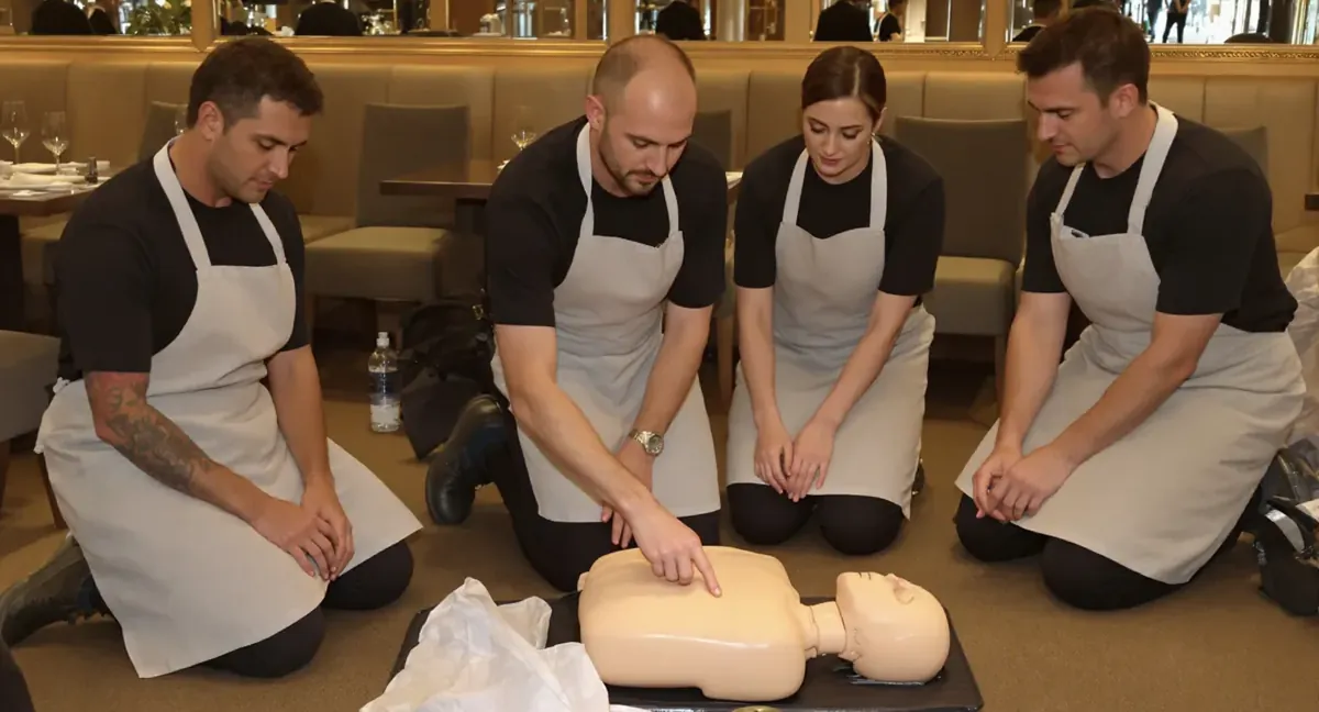 Session de formation sauveteur secouriste du travail en salle de restaurant : exercice de massage cardiaque sur mannequin