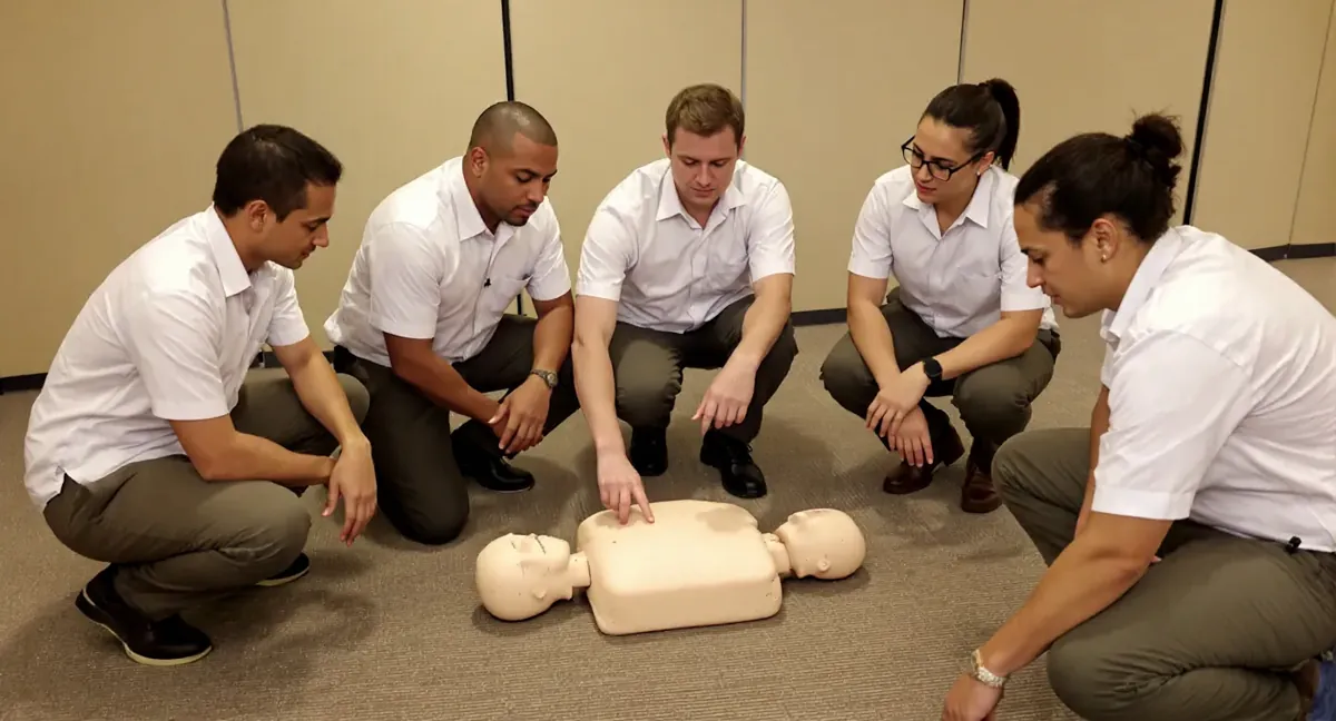 Session de formation sauveteur secouriste du travail en salle de restaurant : exercice de massage cardiaque sur mannequin