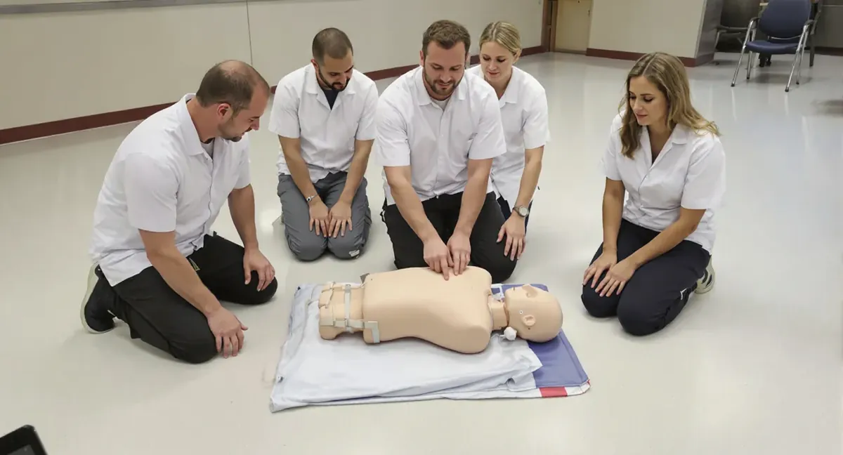 Session de formation sauveteur secouriste du travail en etablissement de sante : exercice de massage cardiaque sur mannequin