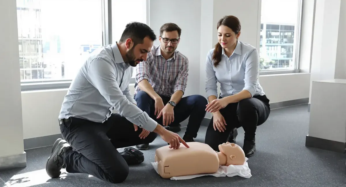 Session de formation sauveteur secouriste du travail en open space : exercice de massage cardiaque sur mannequin