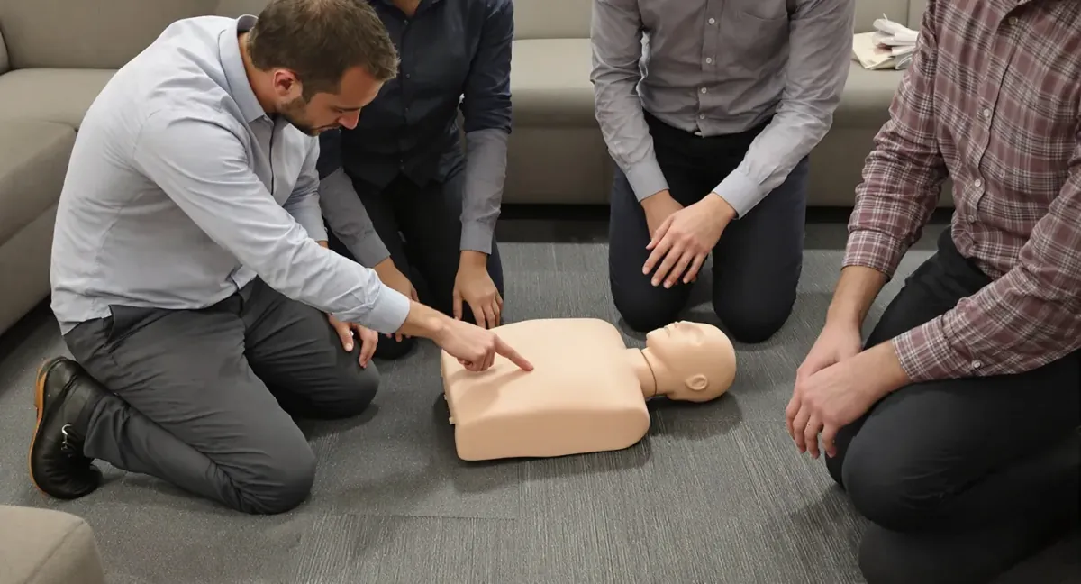 Session de formation sauveteur secouriste du travail en open space : exercice de massage cardiaque sur mannequin