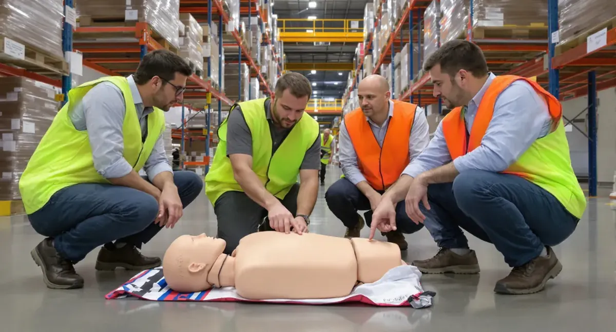 Session de formation sauveteur secouriste du travail en entrepot logistique : exercice de massage cardiaque sur mannequin