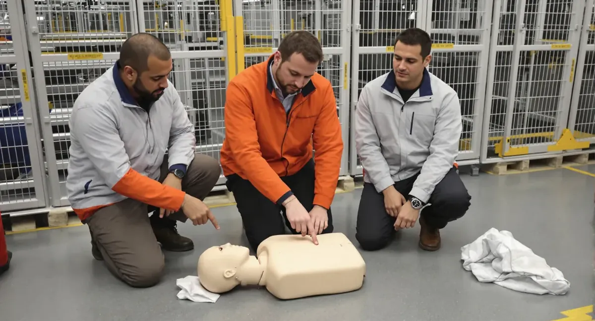 Session de formation sauveteur secouriste du travail en entrepot logistique : exercice de massage cardiaque sur mannequin