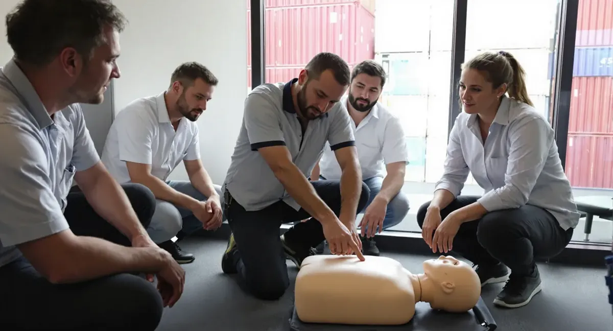 Session de formation sauveteur secouriste du travail en entrepot logistique : exercice de massage cardiaque sur mannequin