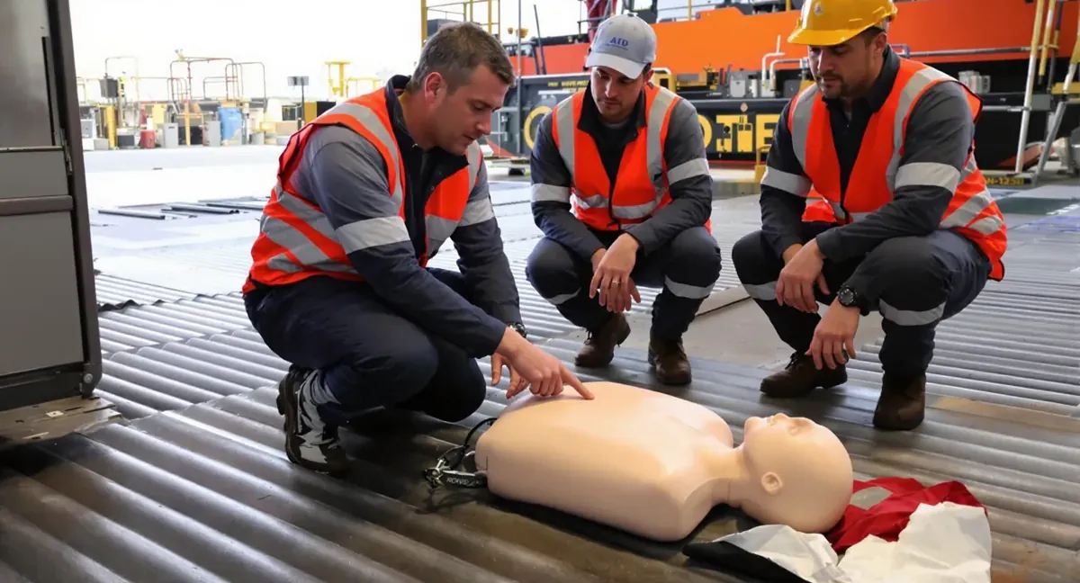 Session de formation sauveteur secouriste du travail en entrepot logistique : exercice de massage cardiaque sur mannequin