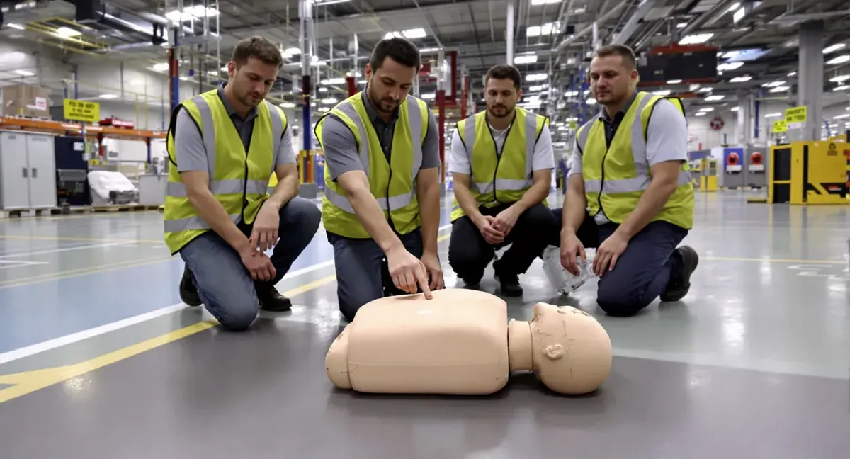 Session de formation sauveteur secouriste du travail en entrepot logistique : exercice de massage cardiaque sur mannequin